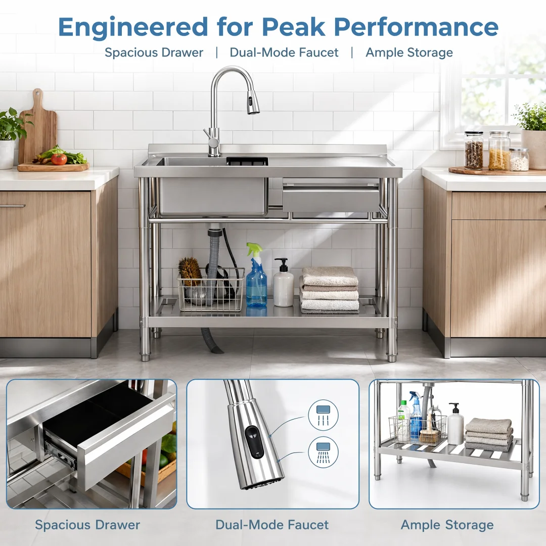Freestanding Utility Sink Black And Silver Stainless Steel Large Single Bowl With Pull-Out Faucet Bottom Shelf For Garage