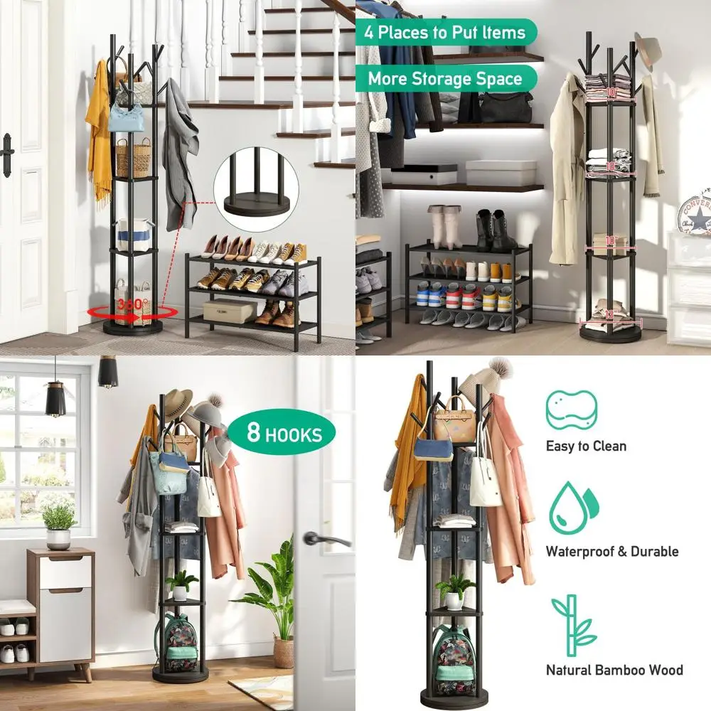 

Вешалка-стойка из бамбука с 8 крючками, черная, для одежды, сумок и головных уборов — большая система хранения для прихожей
