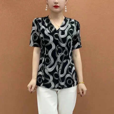 Nuevo Top de manga corta de talla grande para personas de mediana edad y mayores, moderno y holgado