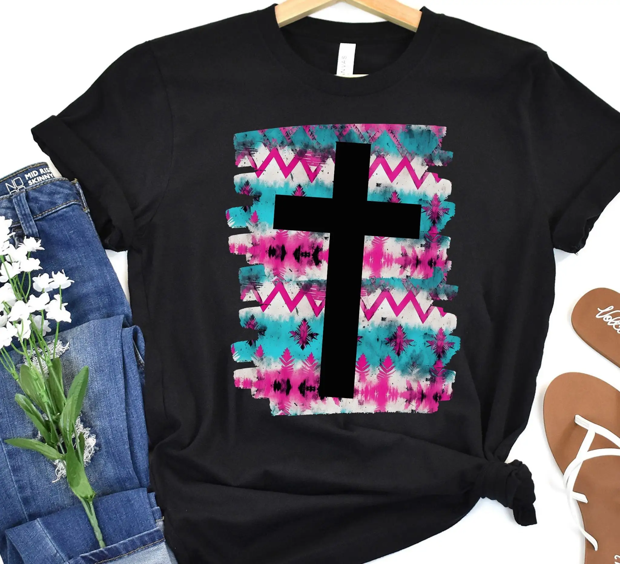 Western Christian T Shirt Aztec Cross Trendy Pink Turquoise