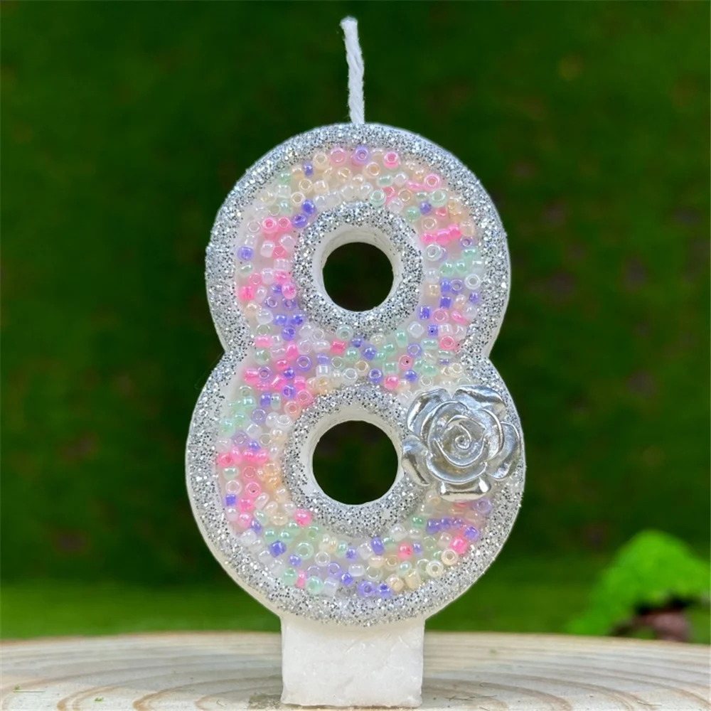 Sparkly Silvery Birthday Party Candles Bead Rose Digital Candles DIY 0-9 Number Cake Candle Cake Topper Decoration Supplies