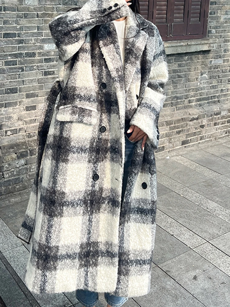 YERMORA White Color-Block Plaid Woolen Coat Loose Fit New Lapel Long Sleeve Women Jacket Fashion Tide Autumn Winter 2024