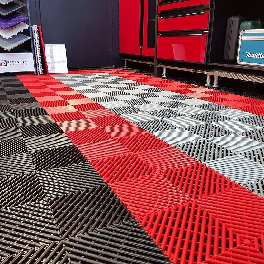 Vented Modular Interlocking PVC Garage Floor Tiles, Plastic Garage Flooring Mat, Car Detailing Shop