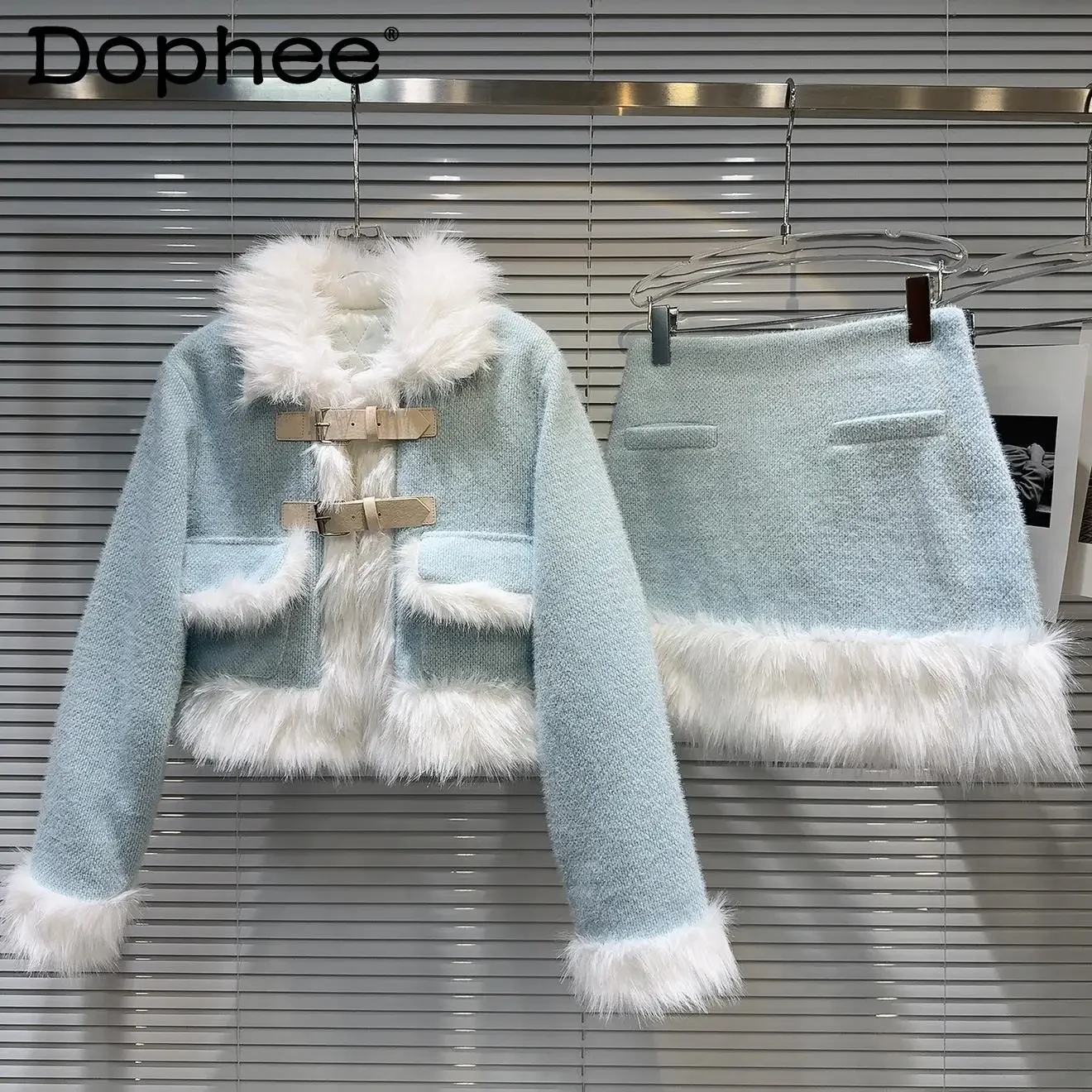 

Light Blue Sweet Skirt Set 2024 Winter New Eco-friendly Fur Collar Buckle Short Coat and Skirt Two Piece Sets Womens Outifits