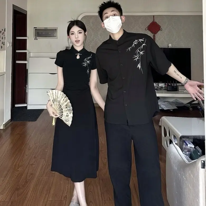 

New Chinese national style couple's summer shirt, ink painting, improved cheongsam skirt, high-end long skirt