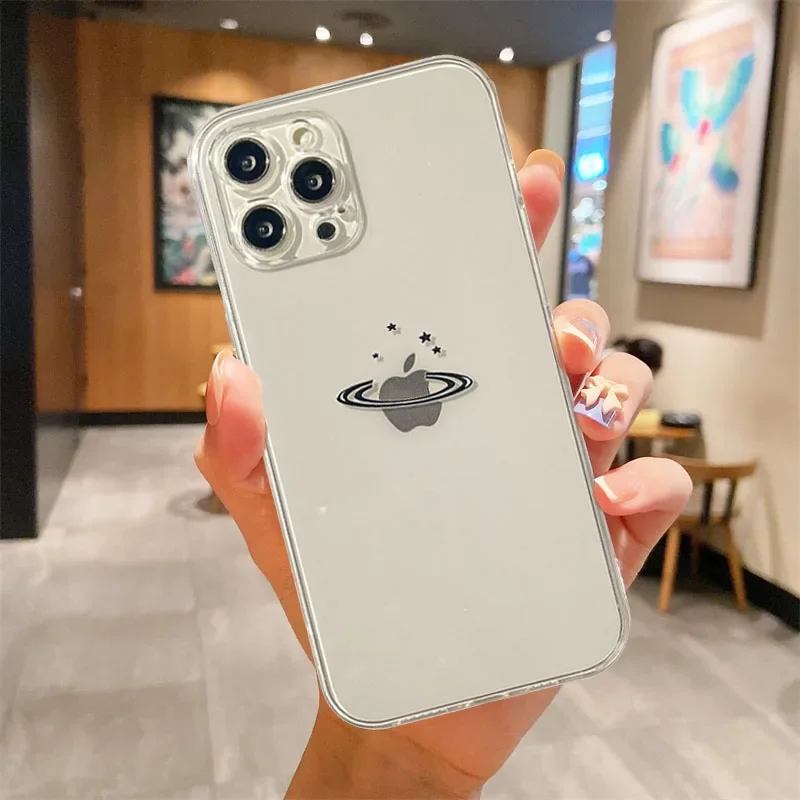 Funny Saturn Black Cat Clear Phone Case For iPhone 17 16 15 14 13 12 11 Pro Max Plus Mini 7 8 SE 17E Transparent Cover Fundas