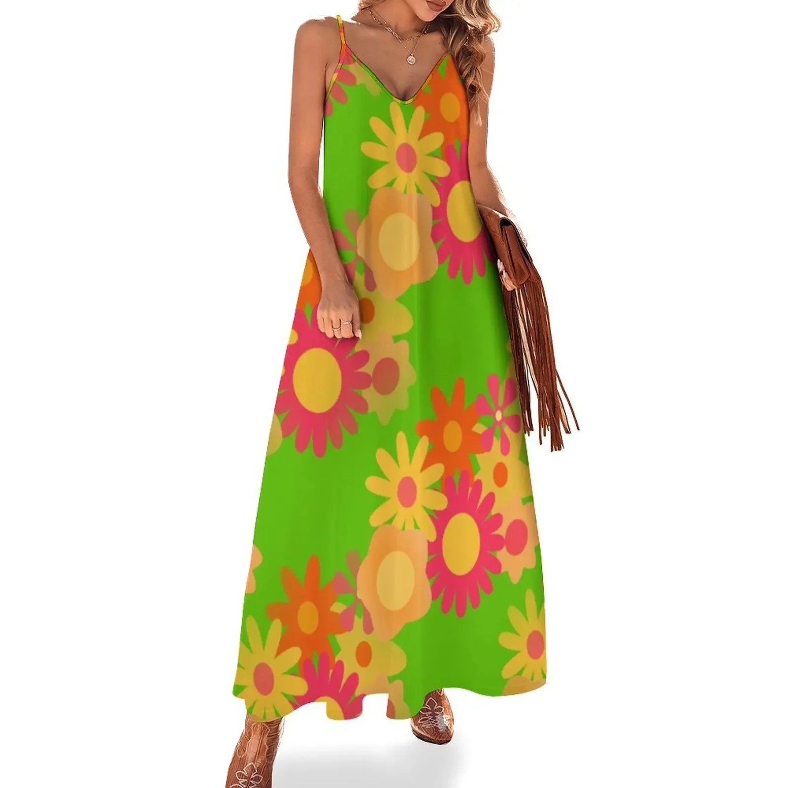 

vintage groovy mod floral Sleeveless Dress women's dresses luxury Female dress