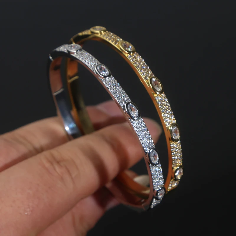 Luxury 58mm Geometric Oval Cz Bangles for Women Micro Paved Bling Cubic Zirconia Gold and Platinum Plated Color Fashion Jewelry view 3