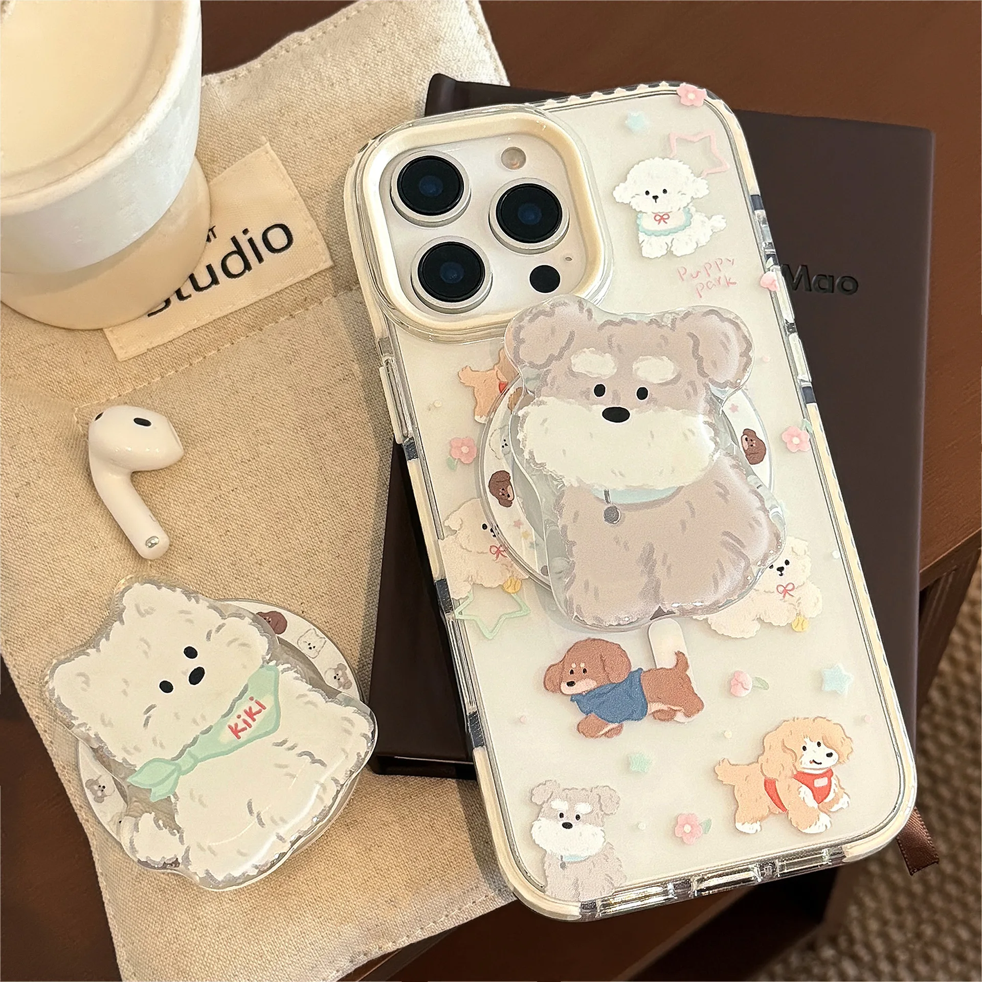 Koreanische Cartoon-Welpen-Handyhülle mit magnetischer Halterung für iPhone 17, 16, 15, 14, 13, 12, Pro Max 11, transparente, stoßfeste Schutzhülle