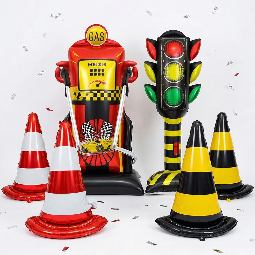 Giant Standing Traffic Light Gas Station Traffic Cone Foil Balloons Boy Racing Car Construction Birthday Party Decoration Supply