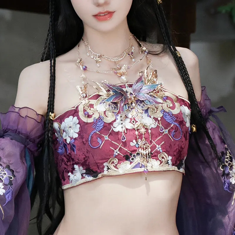Women Ancient Chinese Style Cosplay Costume Embroidery Floral Tube Top Long Skirt Sheer Flare Sleeve Outerwear Set Oriental view 4