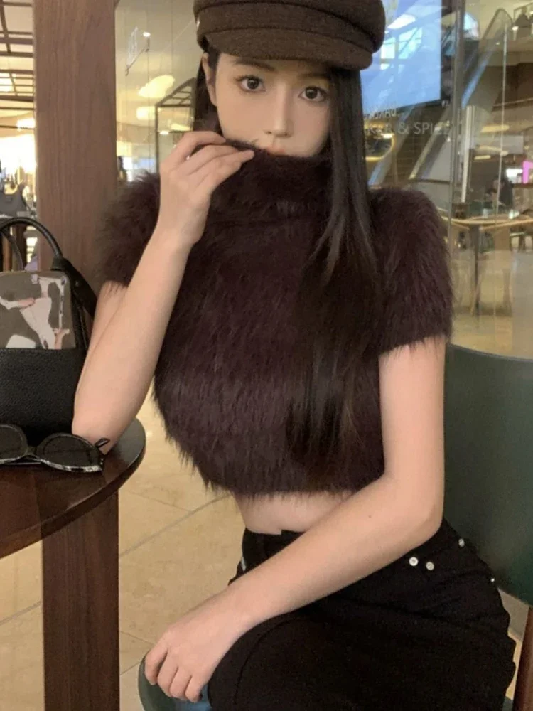 Crop Turtleneck Sweater Women Short Sleeves Plush Slim Fit Streetwear Pullovers Vintage Solid Hottie Office Lady Korean Jumpers