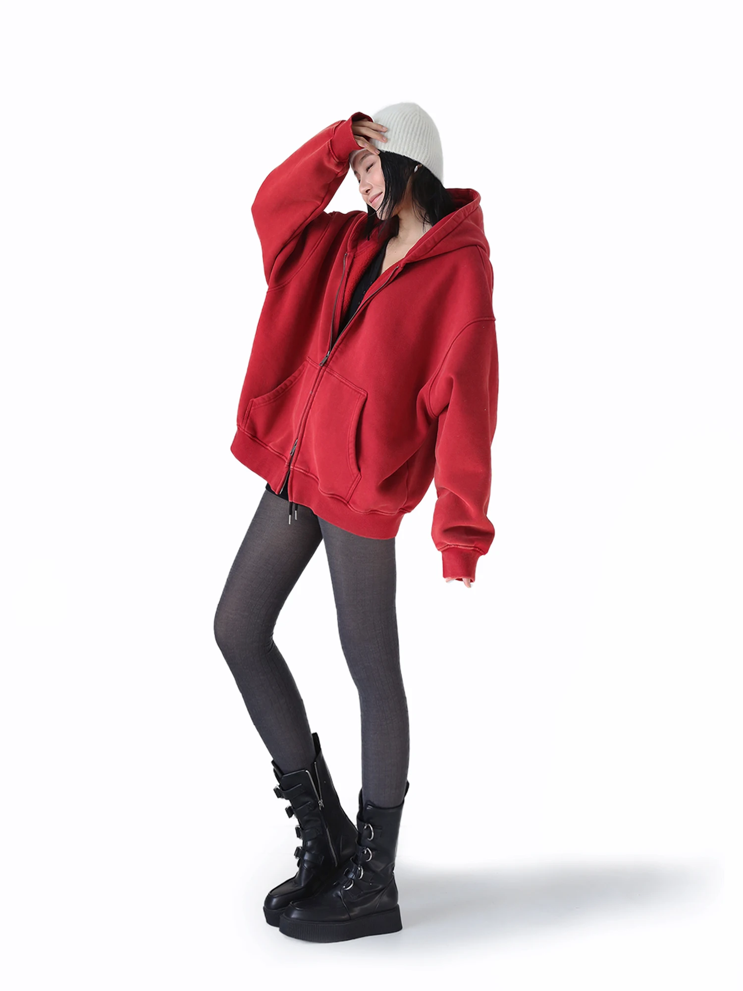 

SANO New Year Red Fce Lined Hoodie Waed Vintage Loose Fit Medium Length Double Zipper Jaet Women's Casual Wear