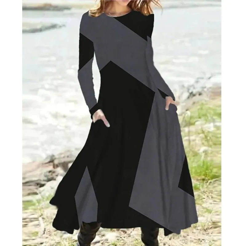 

New 2024 Women's Casual Elegant Party Dress Contrast Color Ladies Spring Autumn Loose Long Sleeve Dress with Pockets Midi Dress