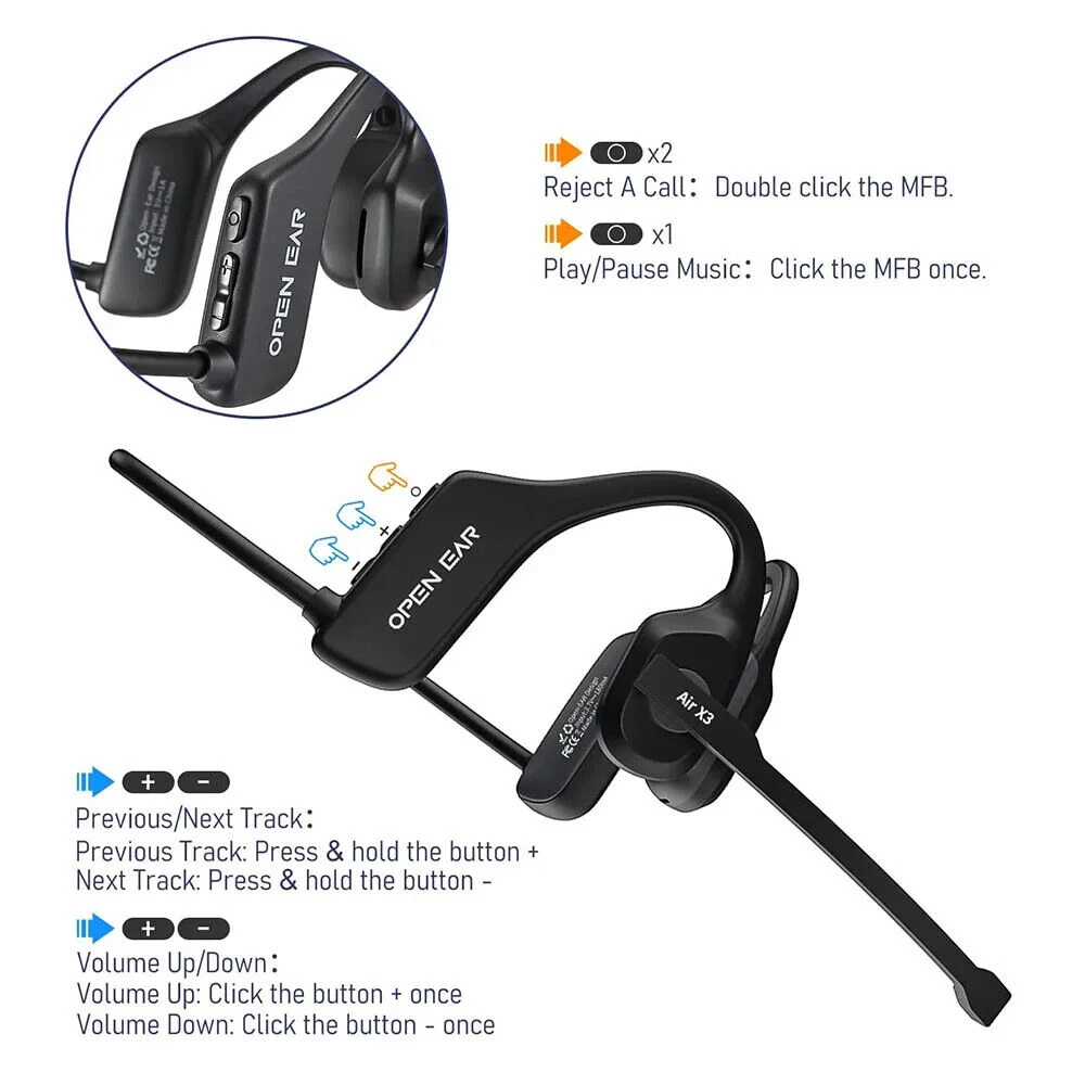 New Open Ear Headset Bluetooth 5.3 Wireless Headphones Call Center with Noise Cancelling Microphone Adjustable Volume Control