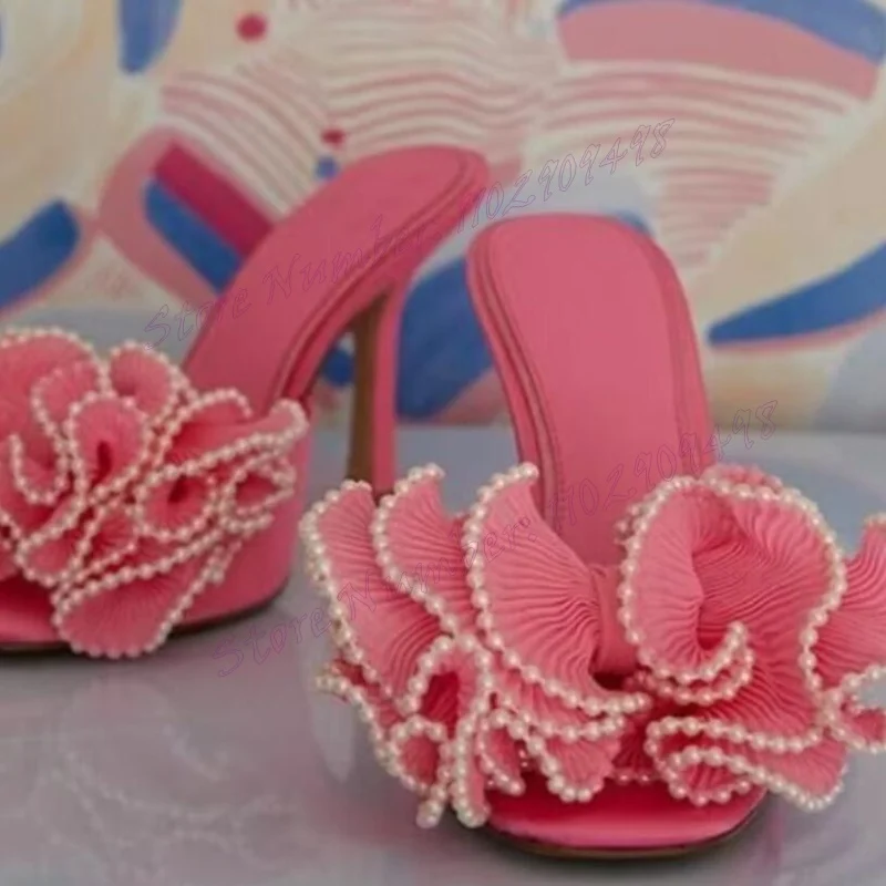 

Pink Ruffle Pearl Decor Slippers Open Toe Shoes for Women Cut Heels Thin High Heels Sexy Lady Shoes 2024 Zapatos Para Mujere