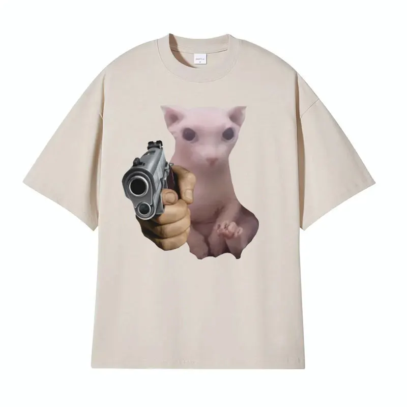 Funny Bingus with Gun Cat Meme Tee Shirt Men Women\'s Casual Harajuku Fashion T-shirts Male 100% Cotton O-Neck Loose T Shirt Tops