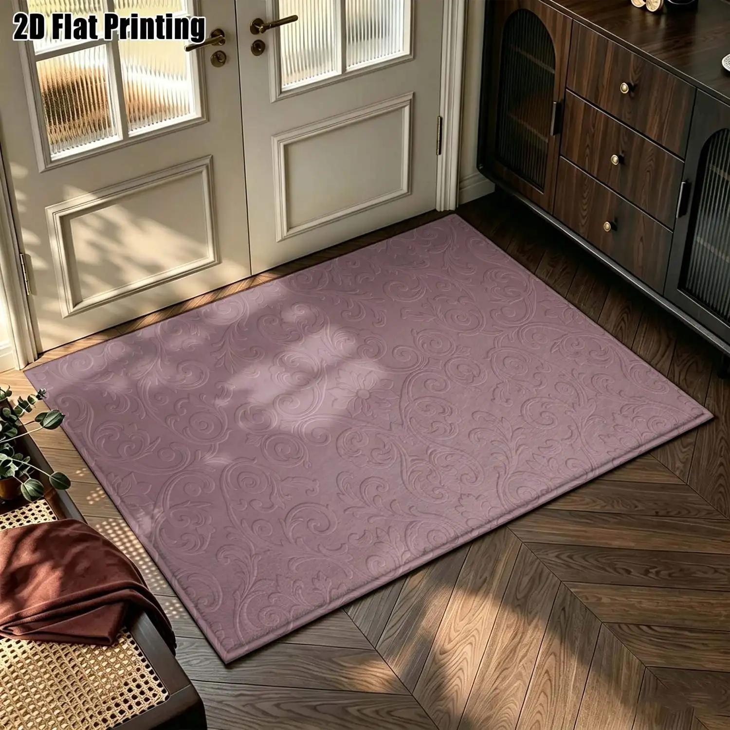 1Pc 2D Printed Pink Floral Scroll Pattern Carpet: European, Vintage, Bohemian & Geometric Styles Home Decor, Multi-Size, Machine Washable, for Entrance, Dining, Foyer, Bedroom, Living Room.