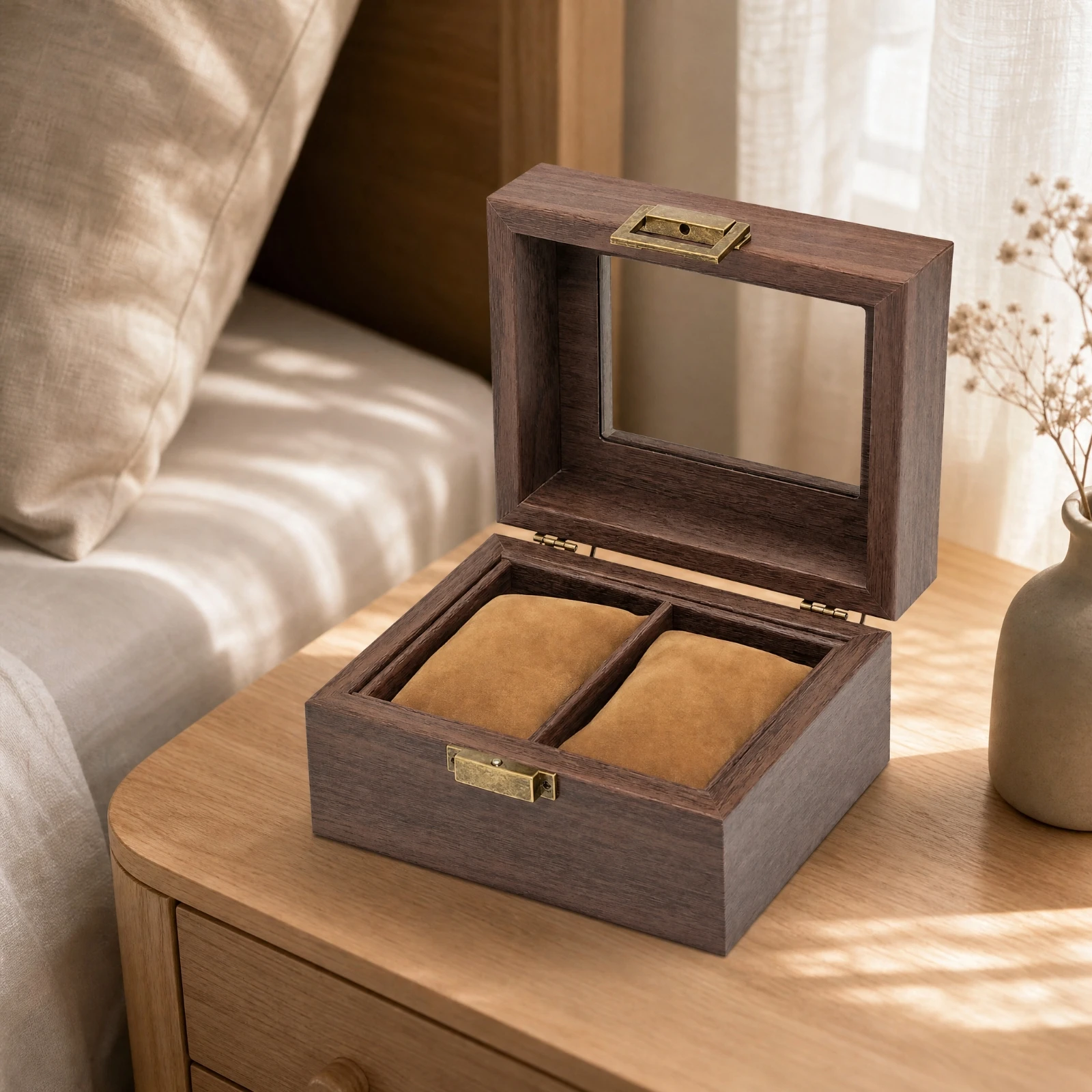 Vintage Watch Box with Glass Lid Compact Retro Watch Storage Case with Metal Clasp Soft Lined Slim for Dresser