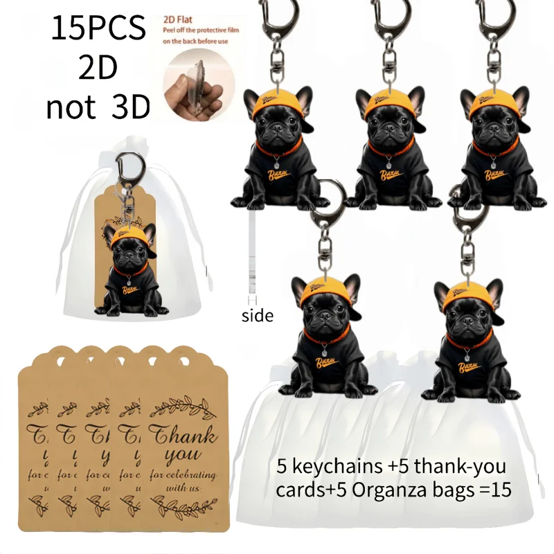 5sets Cute French Bulldog Keychain Including 2D Acrylic Pendant & Thank You Cards & Gift Yarn Bags Schoolbag Creative Decoration