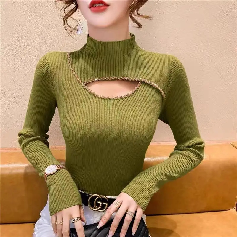 Women Clothing Half High Collar Casual Sweaters Autumn/Winter Chic Sexy Knit Tops Slim Diamonds Long Sleeve Hollow Out Pullovers