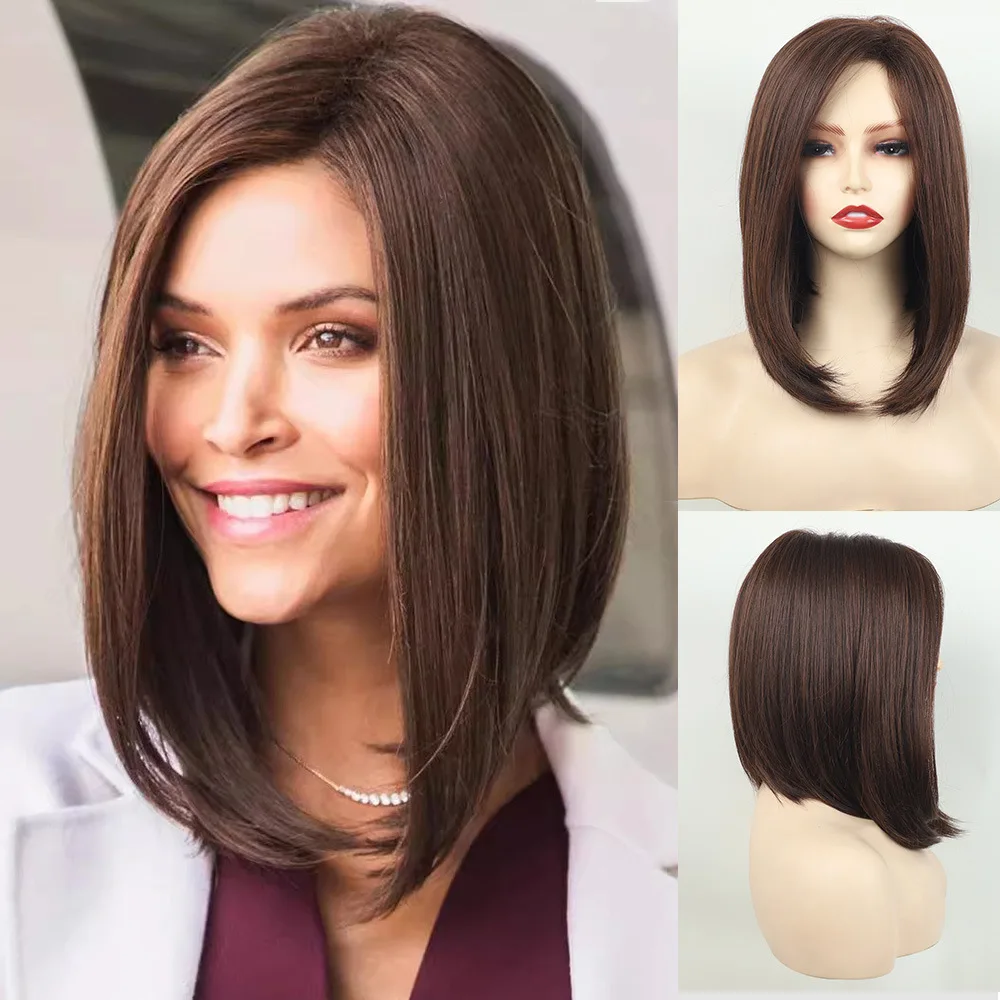 Natural Straight Shoulder-Length Synthetic Wig Chestnut Brown Bob with Side Part bangs for Women