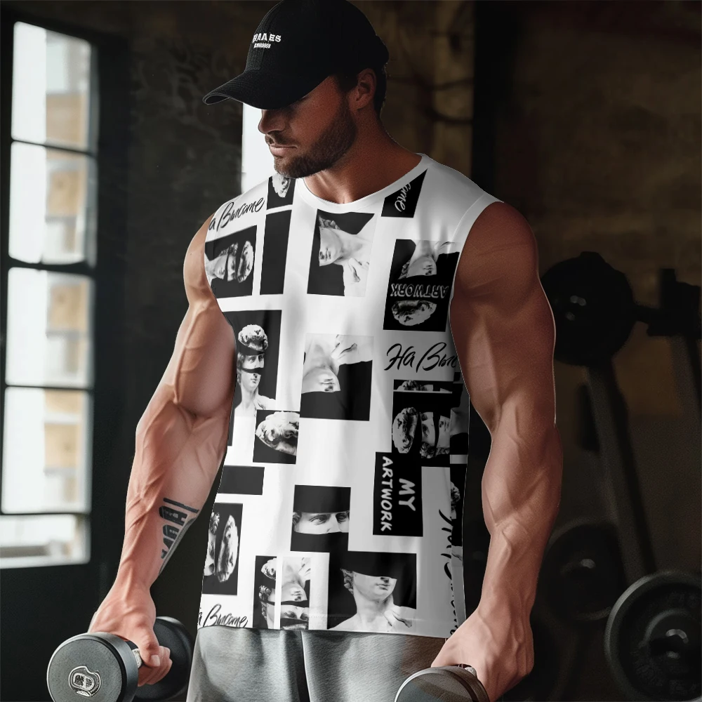 Sculpture Magazine Splice Print Gym Casual Tank Top Sleeveless Thin Train Vest Youth Men's Sports Fitness Vest