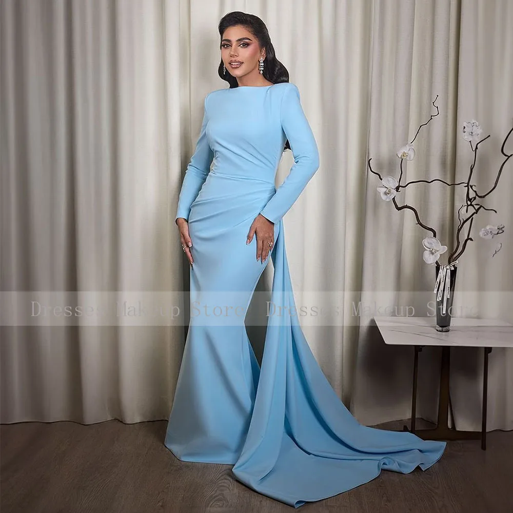 Light Sky Blue Wedding Guest Dress Long Sleeves O Neck Modest Women's Formal Party Gowns Mermaid Draped Trumpet Evening Dresses image 3