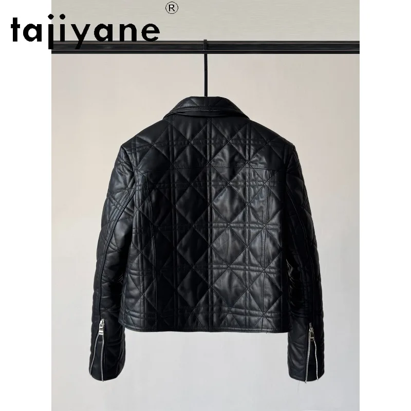 TAJIYANE Sheepskin Genuine Leather Jacket Woman Biker Cropped Jacket Leather Padded Lining Jackets for Woman Diamond Grid 가죽자켓
