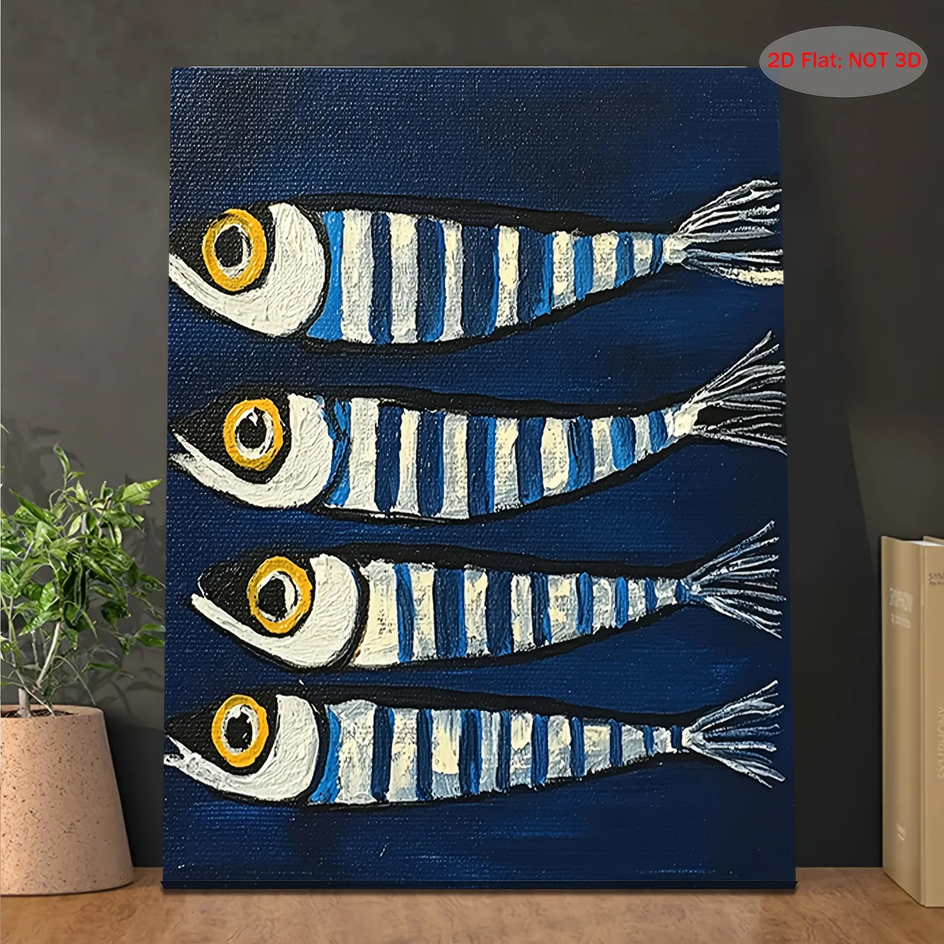(No frame)2D Flat, 1pc Blue & White Striped Sardines Nautical Wall Art - Vintage Marine Fish Painting Suitable for Coastal De