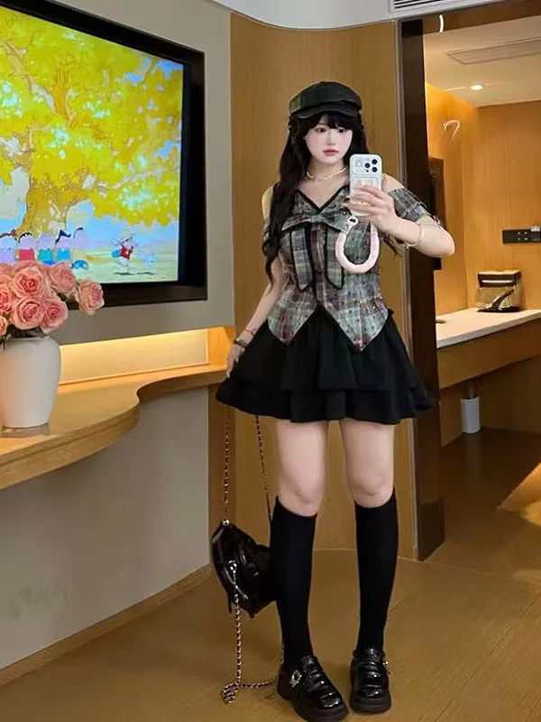 

plus Size Women's Shirt And Cake Skirt Set with Bow Design American Style Plaid Pattern Breathable Summer Fashion Outfit