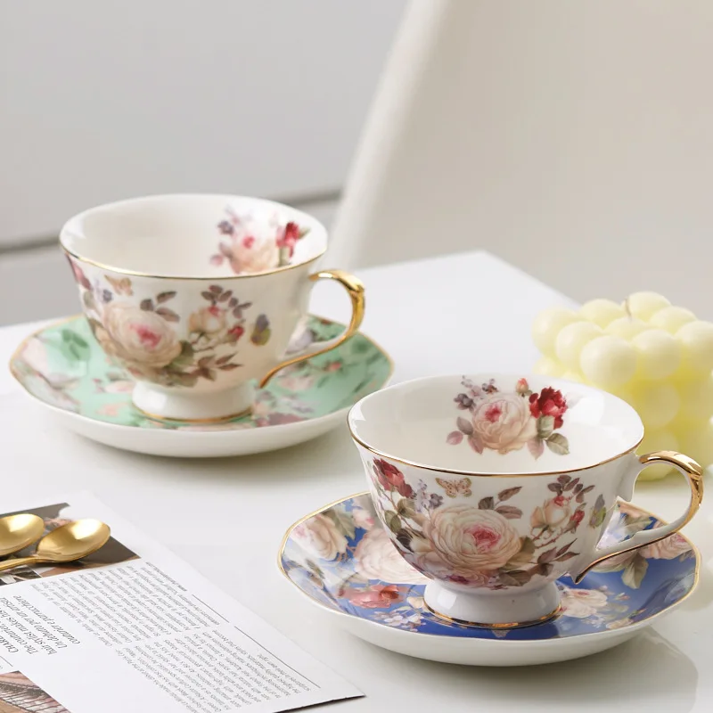 English Camellia Coffee cup & Saucer Set, Light luxury Home afternoon Tea cup and plate, Girls' gift, High appearance level cups