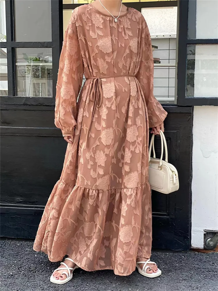 Korea Spring Summer Women Casual Loose White Dress Woman  Pullover Ruffes Dress Chic Ladies Womens Chiffon Print Long Dresses