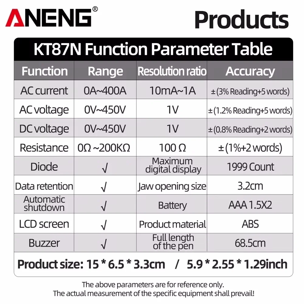 ANENG KT87N 1PC LCD Digital Multimeter Amper Clamp Meter Current Clamp Pincers AC/DC Current Voltage Tester 3 Colors Meter Tools