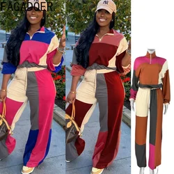 FAGADOER Casual Two Piece Set for Women Color Block Zipper Drawstring Top and Pants Suit Female Tracksuits Clothing 2025 New
