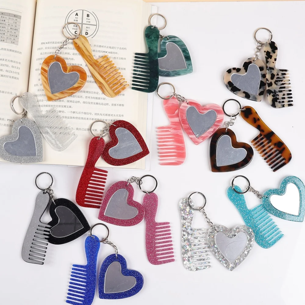 Acetate Comb Keychain with Heart Makeup Mirror Fashionable Portable Bag Pendant Car Key Ring Backpack Decor Accessories Gifts