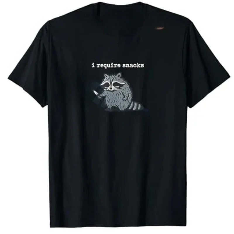 

I Require Snacks Raccoon Graphic Cotton Crew Neck T-Shirt Funny Animal Short Sleeve Tee Men