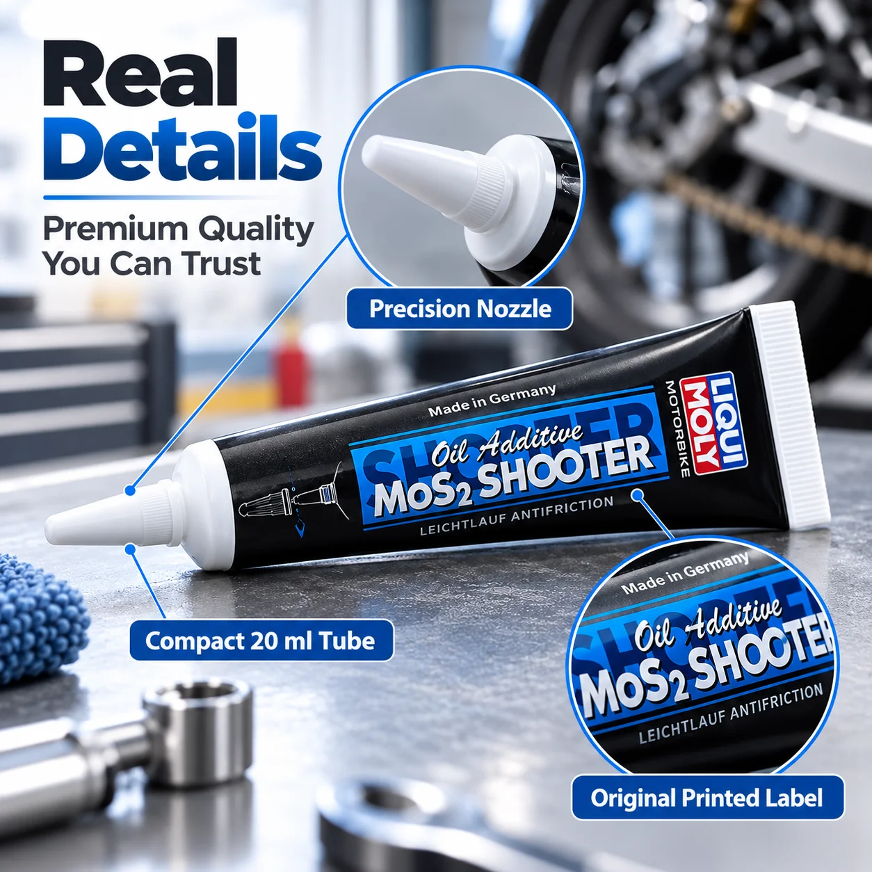 LIQUI MOLY Motorbike MoS2 Shooter Motorcycle Engine Oil Additive Anti Friction Wear Protection for 2T 4T Engines 20ml