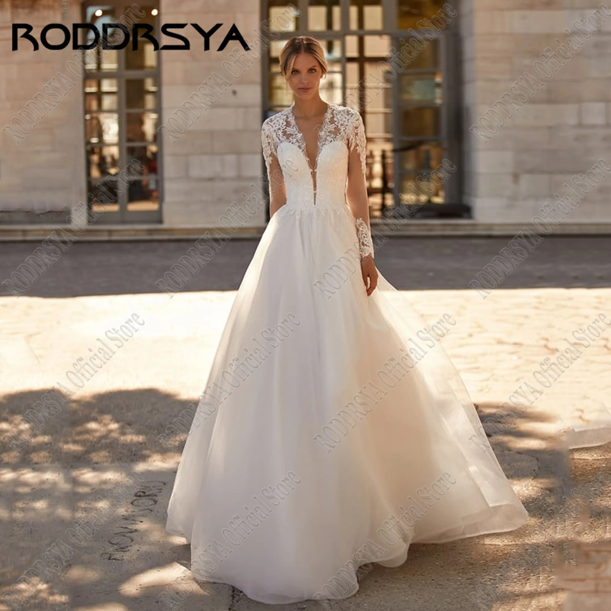 

RODDRSYA Customized Muslim Deep V-Neck Wedding Dress Long Sleeves Illusion Back A-Line Bride Gowns Applique Lace Robe De Mariée