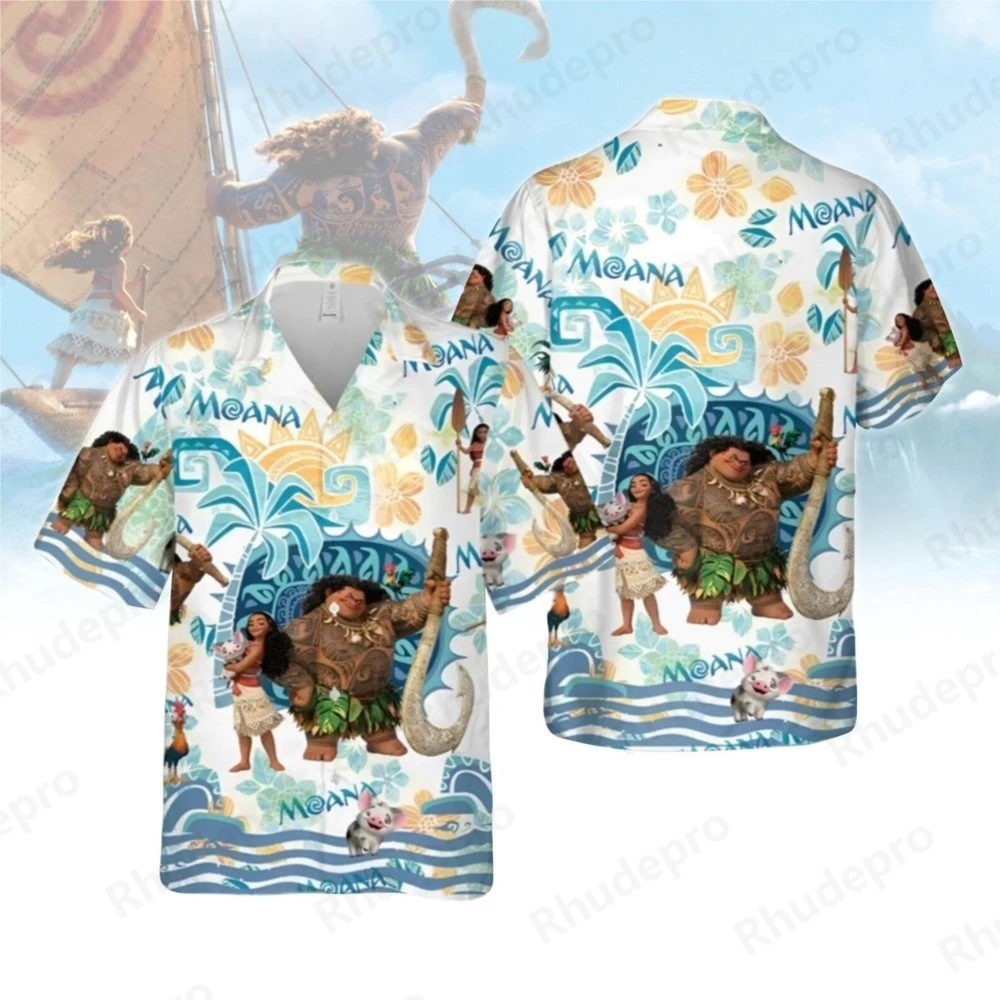 

Disney Cartoon Moana and Maui Women's Casual Short Sleeve Blouses Shirt Holiday Beach Hawaiian Shirt Womens Elegant Hawaii Shirt