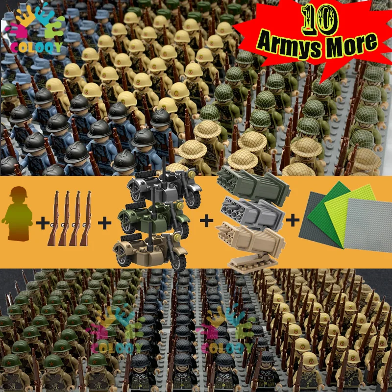 Kids Toys WW2 Motorcycle Troops Building Blocks US Soviet UK Soldier Mini Action Figures Artillery Toys For Christmas Gifts