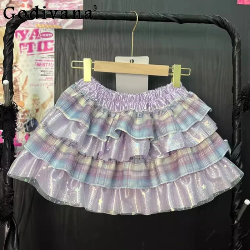 Minigonne alla moda a vita alta Y2k per ragazze Gonna Lolita estiva con volant giapponese Gonna da torta con fiocco con stampa dolce e carina da donna