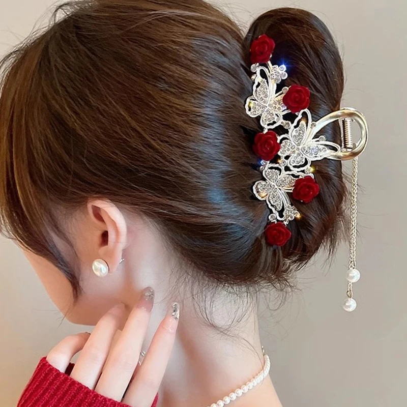 Light Luxury Rhinestone Bell Orchid Tassel Hair Clip Flowers Rose Butterfly Claw Clip Shark Hair Claw Barrette Hair Accessories