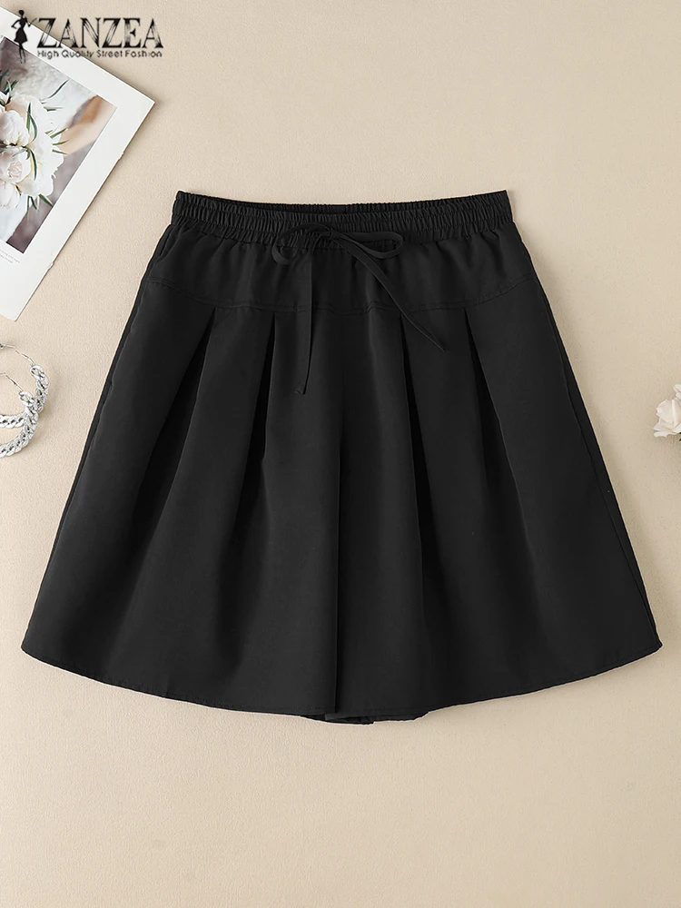 Summer Shorts Women Casual Loose Pleated Wide Leg Pants ZANZEA Solid Color Korean Short Trousers 2025 Lace-Up Bottoms Femininas