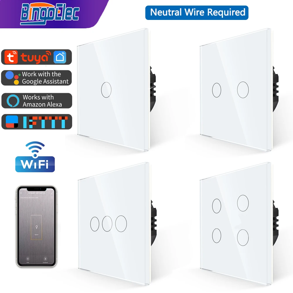 Bingoelec Tuya WiFi Smart Light EU Switch 1/2/3/4 Gang Neutral Wire Required Wall Touch Switches Work with Alexa Google Home