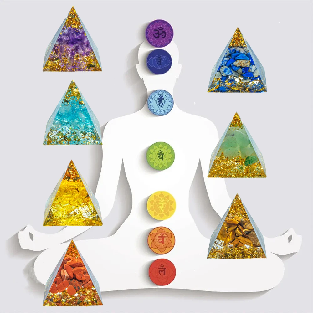 

7PCS natural crystal seven chakra pyramid 3cm resin pyramid spiritual healing meditation divination indoor desktop decoration gi