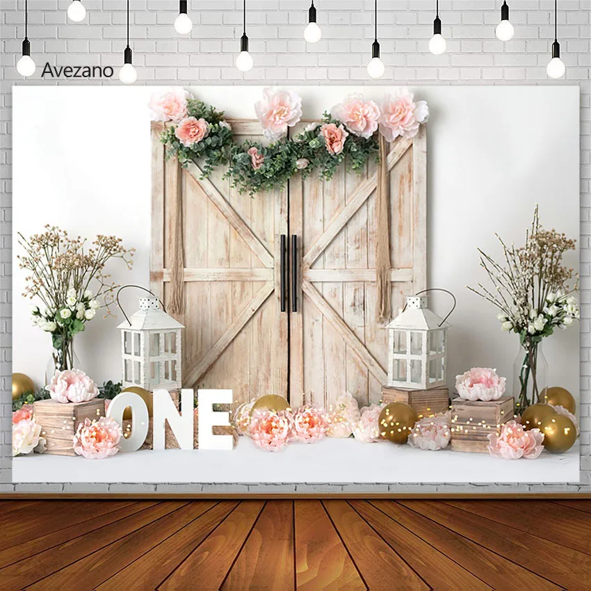 Avezano Photography Background Pink Floral Girl 1st Birthday Portrait Wooden Door Light Backdrops Decor Photo Studio Photocall