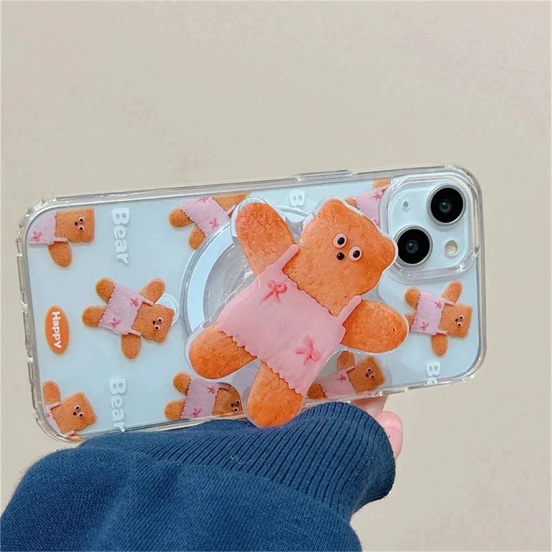 Korean Cute Cookie Bear For Magsafe Magnetic Phone Griptok Grip Tok Stand For iPhone Kawaii Foldable Wireless Charging Holder