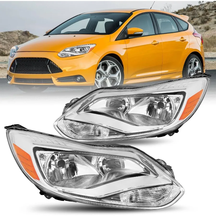 

Пара фар в сборе для Focus 2012-2013 2014, заводской галогенный тип] OEM-замена фар, хромированный корпус и янтарный Refl