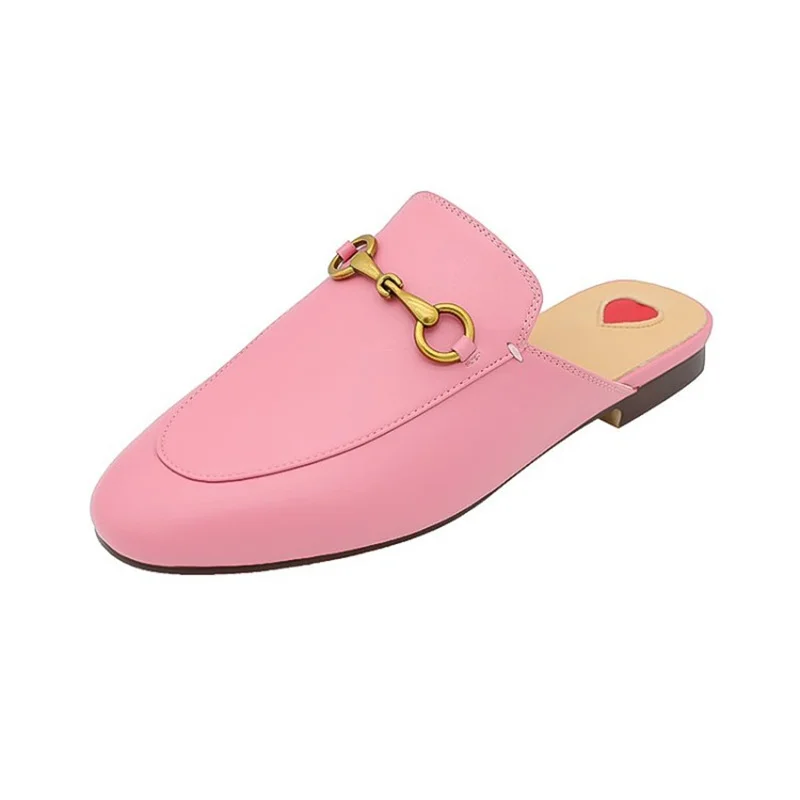 Round Head Metal Buckle Sandals Soft Sole Summer Leather Slippers Slingback Low Heel Mules Elegant Fashion Women Shoes